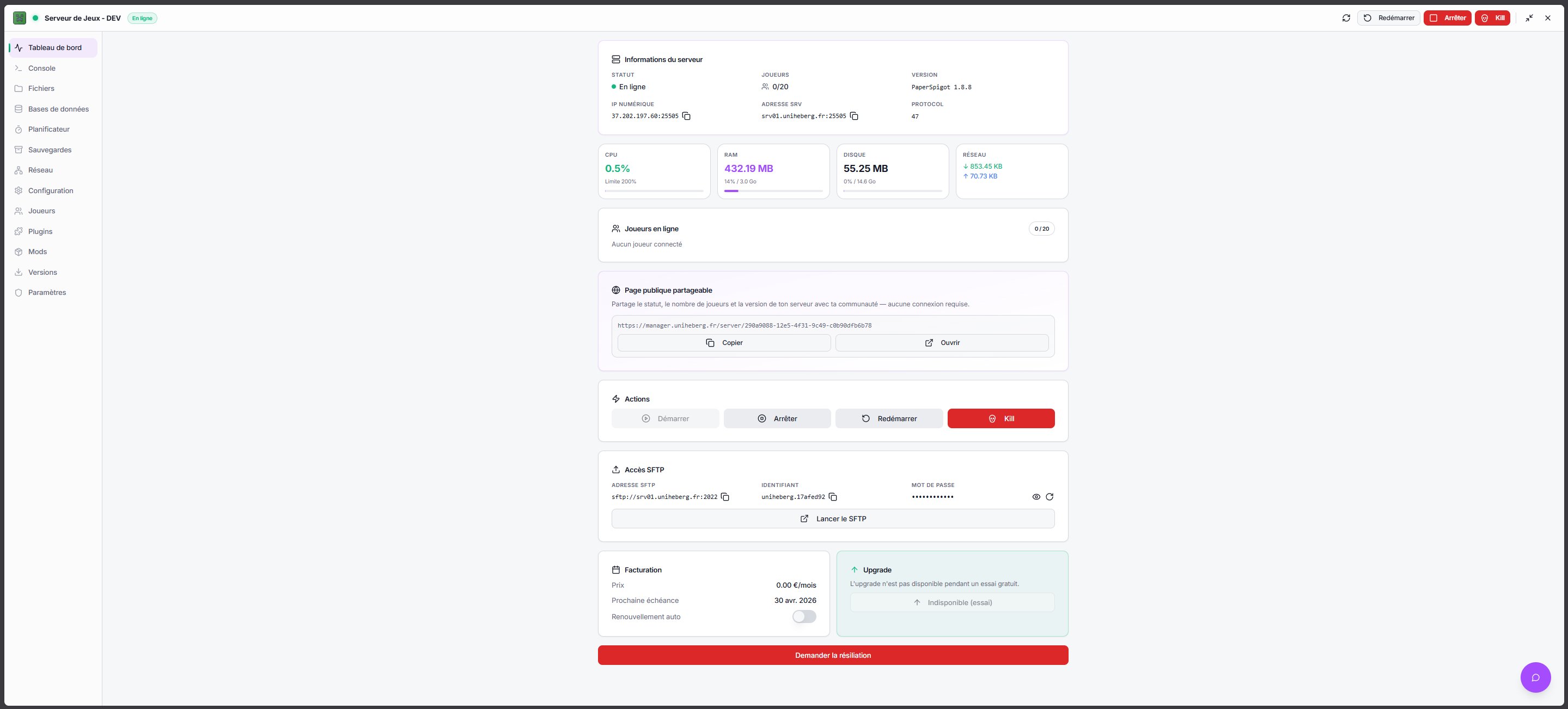 Panneau de gestion UniHeberg Minecraft — Console en temps réel